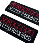 Two black patches with 'Service Dog Access Required' text in red and white on a white background.