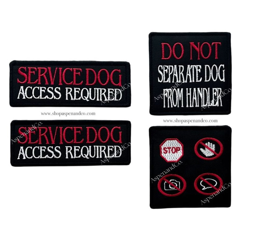 Set of four embroidered dog patches for service dog vests or harnesses on a white background. Patches are black with red and white words.