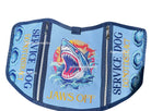 Service dog vest with shark design and 'Jaws Off' text on blue fabric with a white background. Perfect for the summer, or aquarium trips