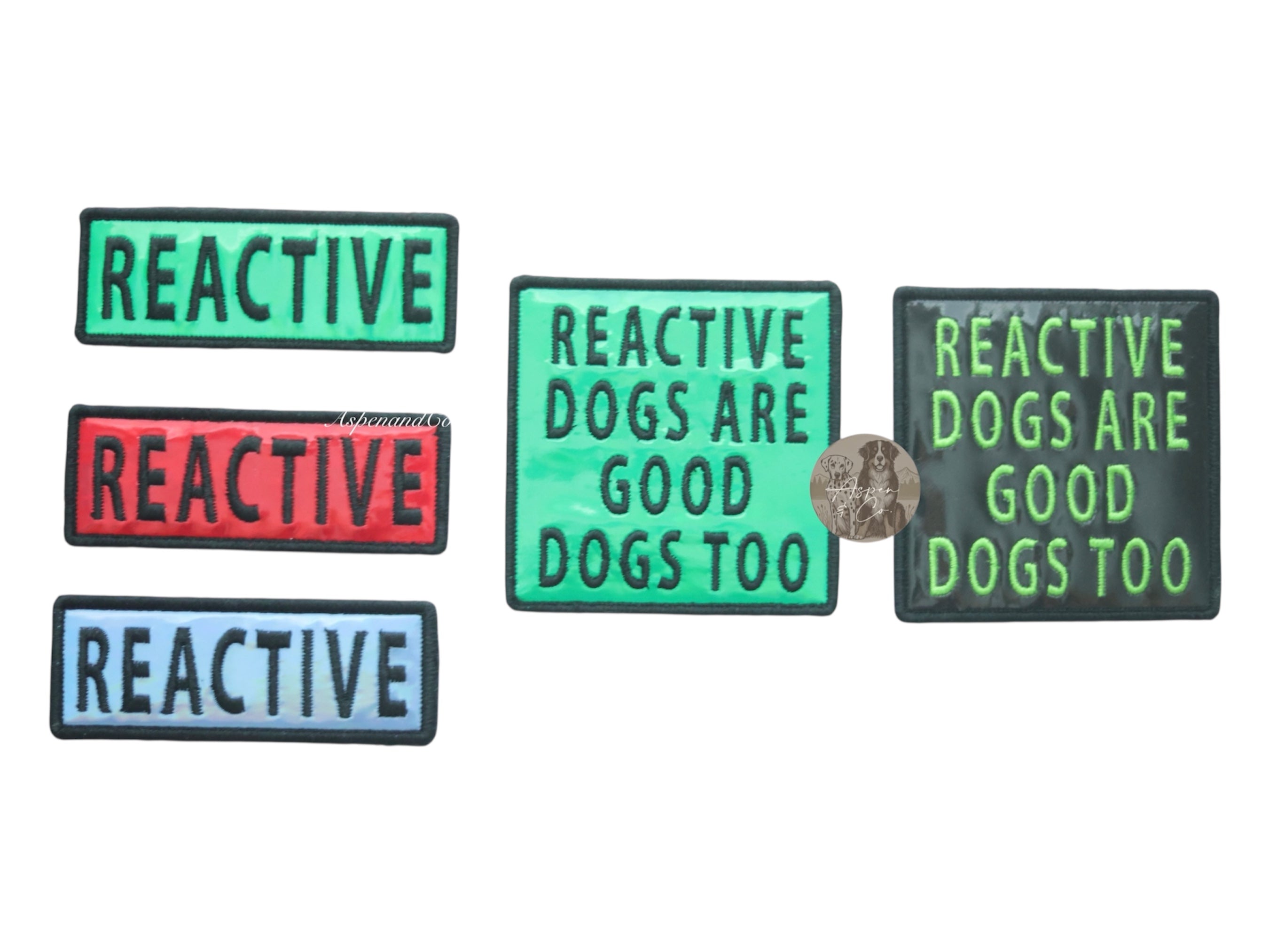 Photo showing available color options for holographic reactive dog patches: blue, green, red, and black.