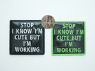 Black holographic dog patches with white text and with green text and green border, both saying "Stop I Know I'm Cute But I'm Working," designed for dog vests, harnesses, or capes.