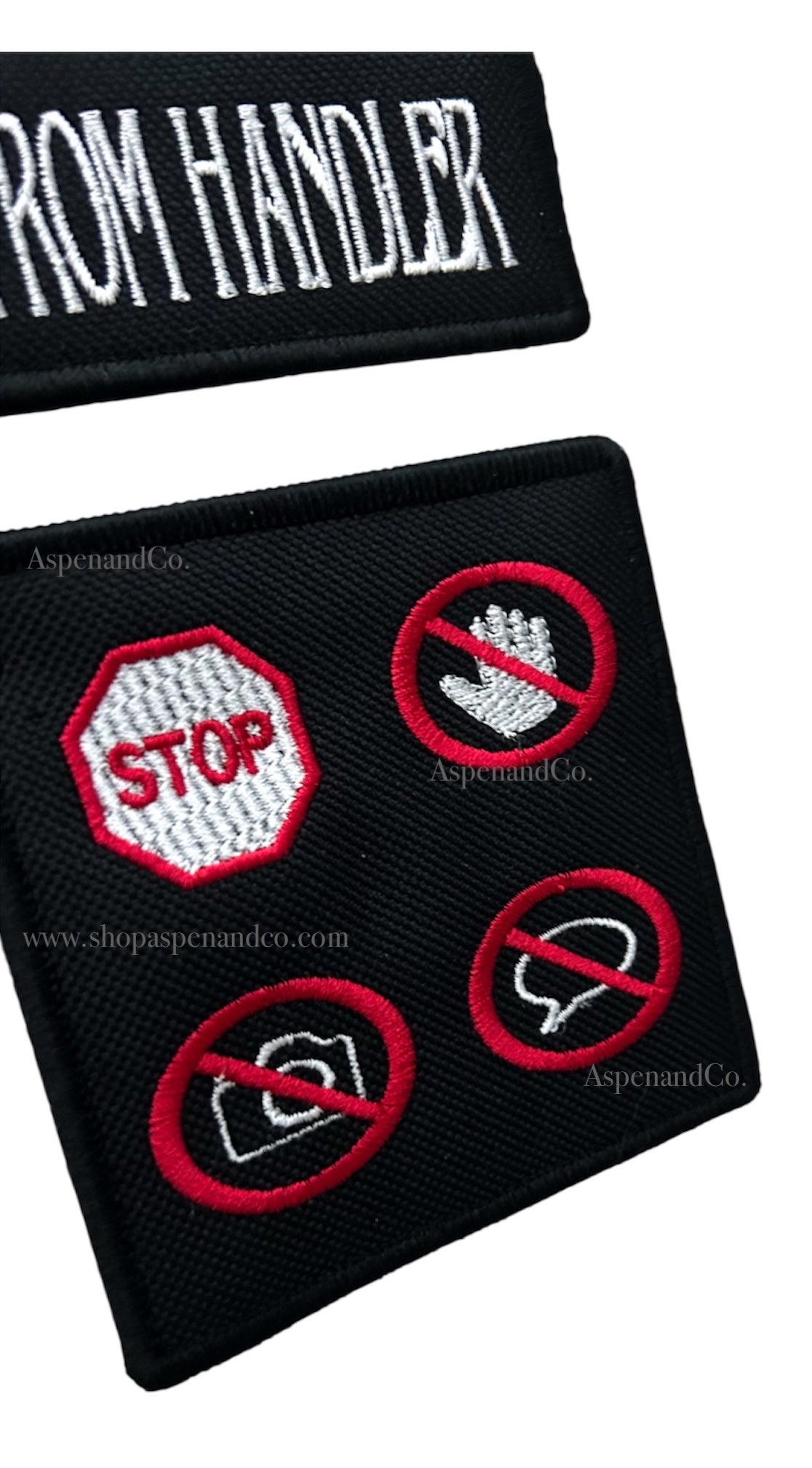 Two dog patches for service dogs close up of embroidered dog patch
