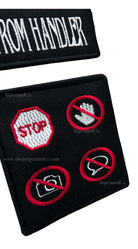 Two dog patches for service dogs close up of embroidered dog patch
