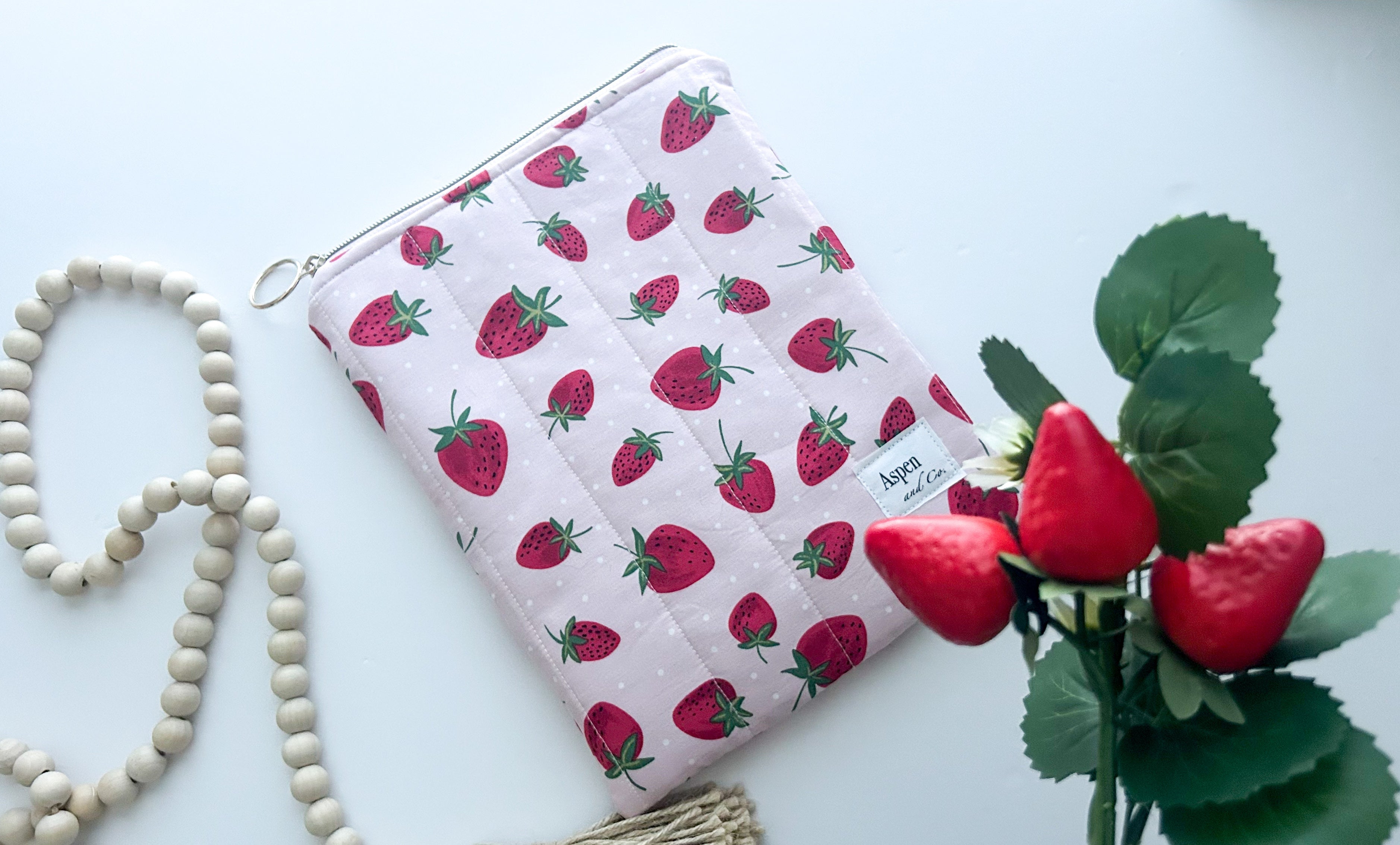 Handmade strawberry quilted book sleeve with zipper, pink fabric pouch for e-readers, hardcovers paperbacks