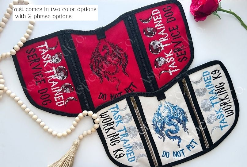 Red and ivory service dog vests with dragons