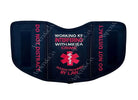 A black saddle-style service dog vest with bold red embroidery reading “WORKING K9 INTERFERING WITH ME IS A CRIME – ACCESS REQUIRED BY LAW,” flanked by “DO NOT DISTRACT” on both sides. Features two black 6x2" hook-and-loop patch panels. Made by Aspen & Co