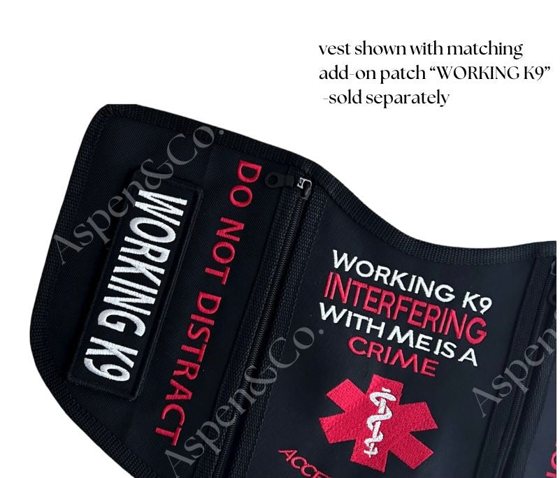 The Aspen & Co. Working K9 vest shown with the “WORKING K9” Velcro patch attached on the left panel. Zoomed view highlights bold embroidery, panel seams, and Velcro patch compatibility.